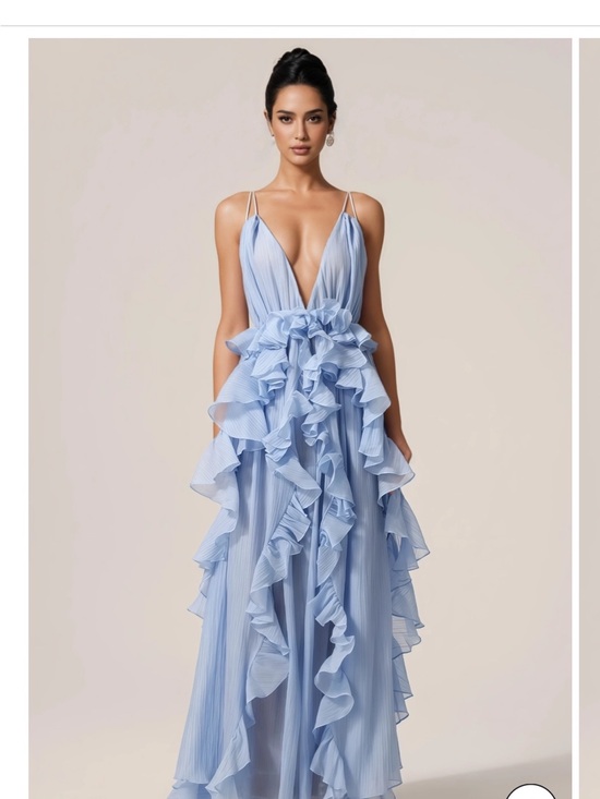Lune Eclat Dresses & Skirts - Light Blue Ruffle Maxi Dress with Plunge Neckline